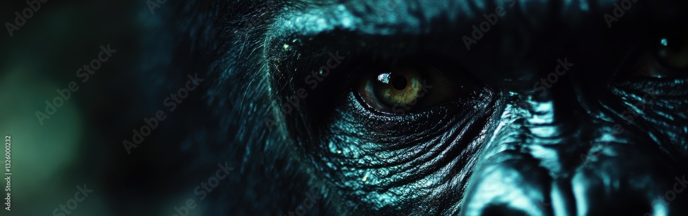 Poster Close-up view of a gorilla's face showcasing intricate details and expressive features in a natural habitat
