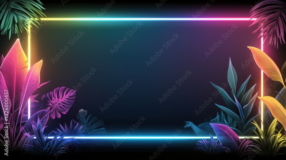 Poster neon light borders with jungle foliage a neon border with a custom tropical design, glowing multicol