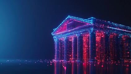 Holographic bank building composed of glowing data points, illuminated with red and blue lights, set against a dark blue background, symbolizing digital finance and technology.