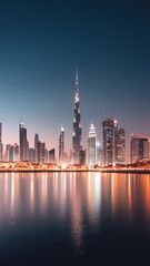 Naklejka premium A dazzling city skyline at night, illuminated by neon lights reflecting over calm waters, evoking a cyberpunk aesthetic. 