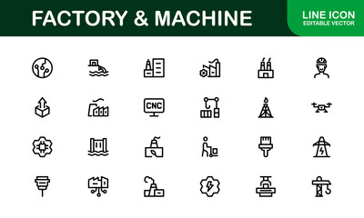 Factory and Machine Icon Set. Essential Collection for Industrial, Manufacturing, and Production Designs
