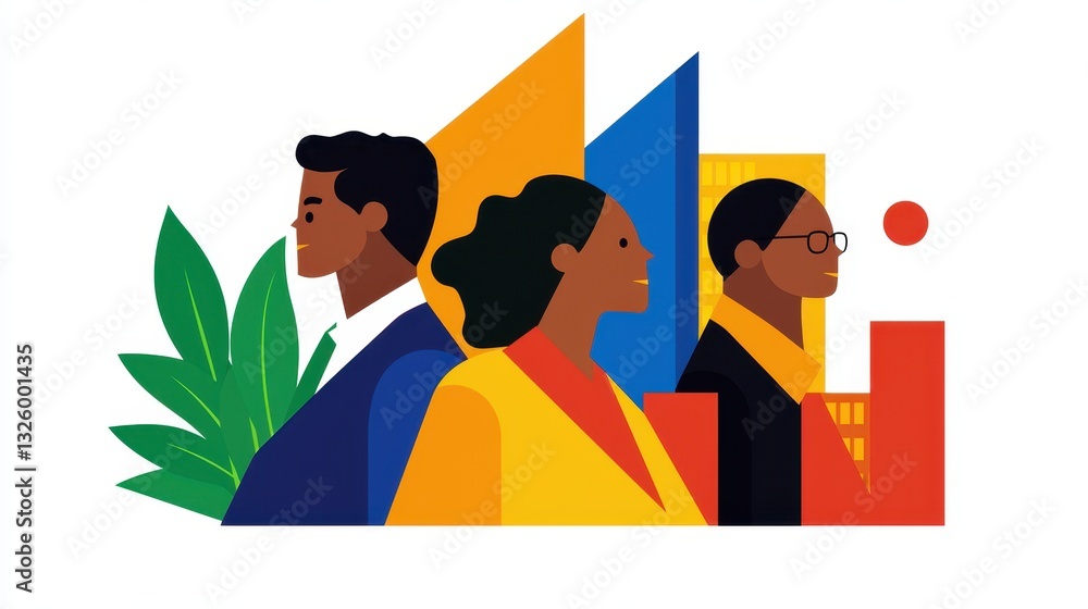 Poster a vibrant illustration featuring three diverse individuals in professional attire, symbolizing colla