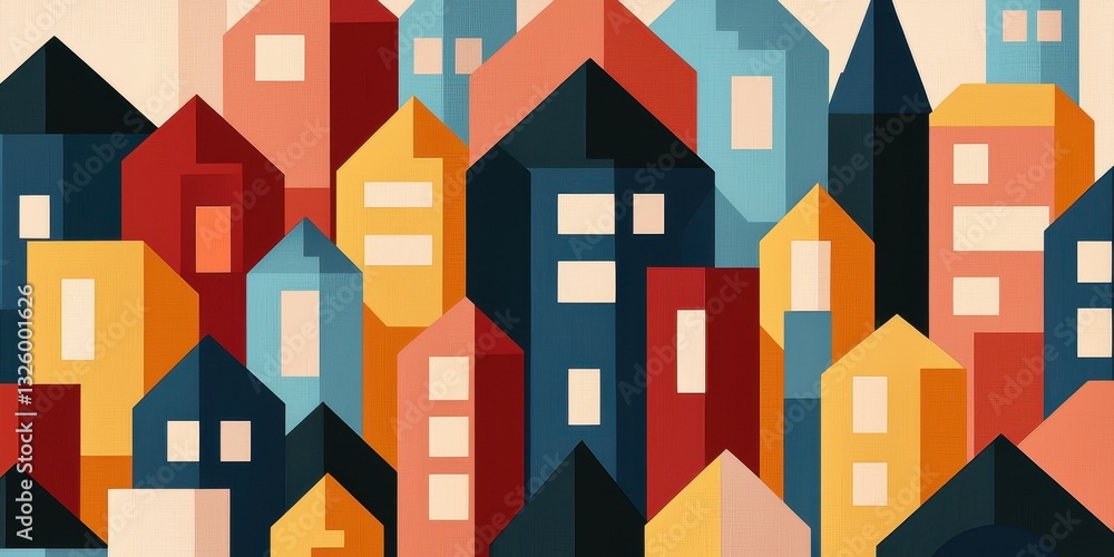 Poster a vibrant, abstract illustration of colorful geometric buildings stacked together, creating a lively