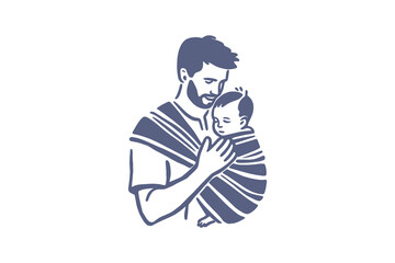 Minimalistic hand-drawn father carrying baby in sling