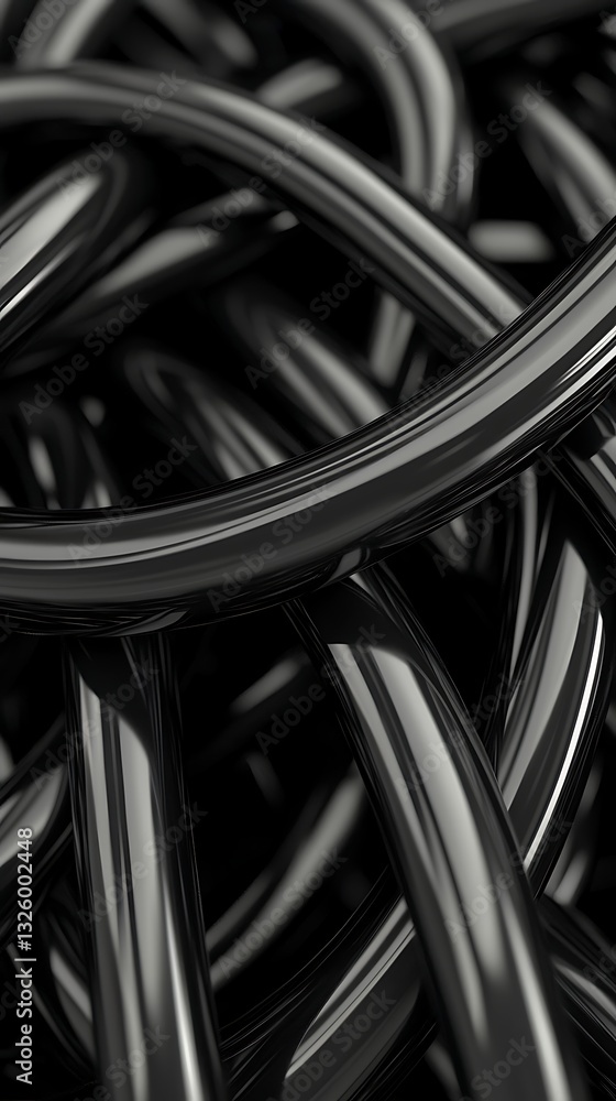 Poster a close-up image of intertwined black tubes, showcasing shiny surfaces and a complex pattern.
