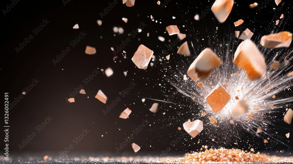 Poster exploding or shattering particles a glass shattering into tiny particles against a black background,
