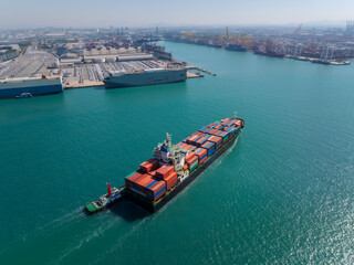 shipping container carrier container sailing enter commercial port, global business and industry...