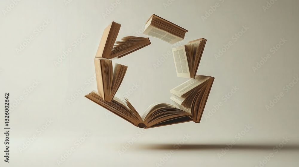 Poster 3d composition of several open books levitating in a circle, set against a plain, white background. 