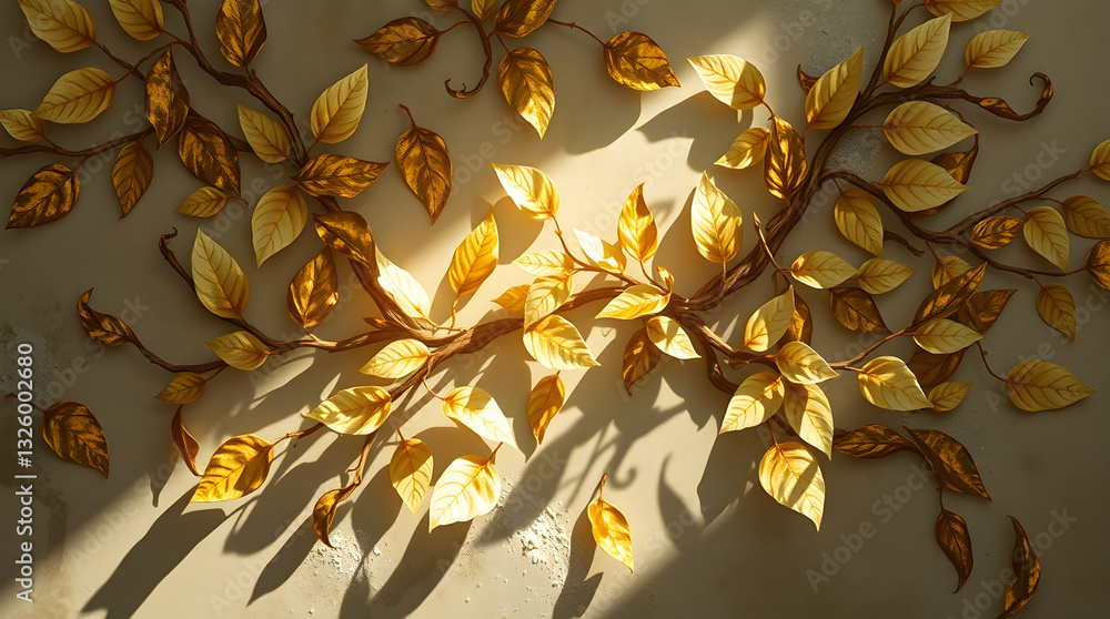 Poster golden leaves and branches artfully arranged on a textured surface, casting shadows and creating a w