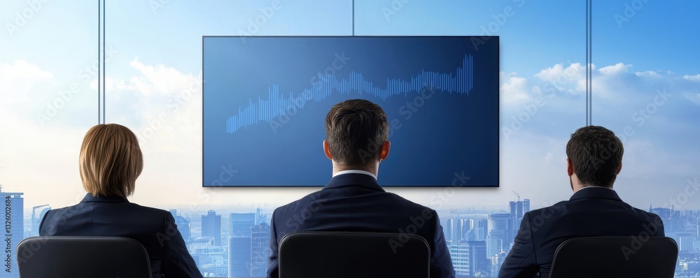 Poster a group of professionals in suits watching a data presentation on a large screen with a city skyline