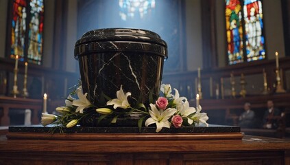 In a historic church, a black marble urn sits on a wooden altar adorned with white lilies and pink roses