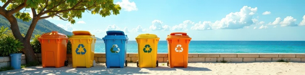 Colorful recycling station by the sea, sunny day , coastal, recycle