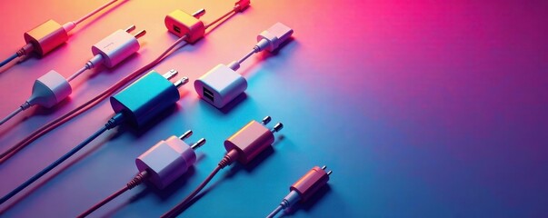 Colorful background with various charger clip art, power adapters scattered , icon, battery