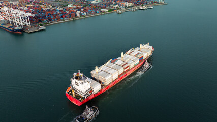 shipping container carrier container sailing enter commercial port, global business and industry...