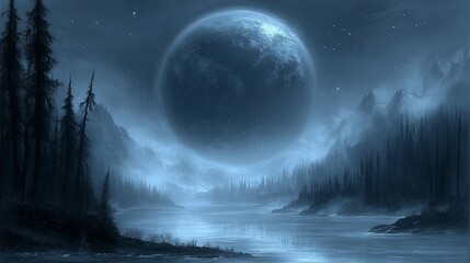 A serene landscape under a giant moon