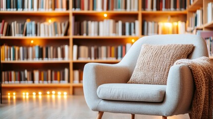 Cozy reading nook inside a loft coffee shop, bookshelves filled with magazines and coffee beans