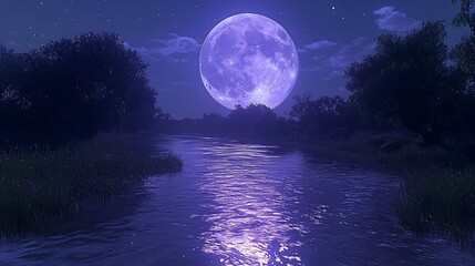 Naklejka premium a serene night scene with a large luminous moon reflected in a calm river.