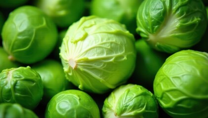 Fototapeta premium Fresh green cabbages & Brussel sprouts, close-up , head cabbage, fresh, leaf