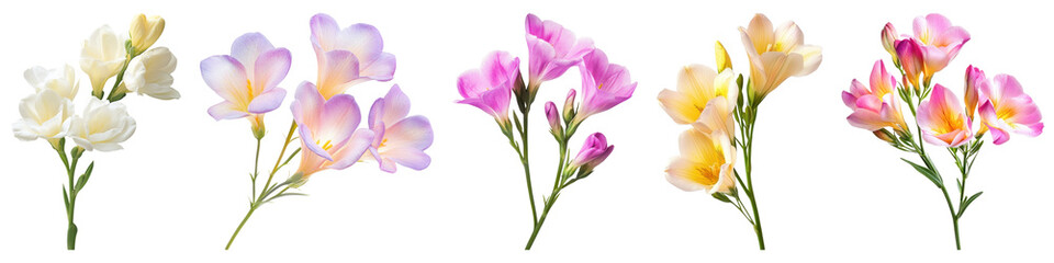 Freesia flower isolated on transparent background, PNG, Set of