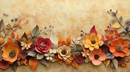 28.A sophisticated botanical border crafted with paper art leaves, small flowers, and earthy tones. The vibrant fall colors complement the subtle, textured backdrop.