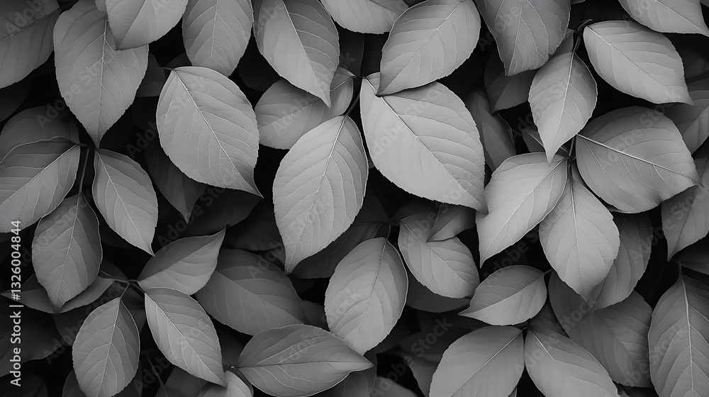 Poster a close-up view of overlapping leaves in varying shapes, showcasing a monochromatic aesthetic with i