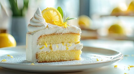 A hyper-realistic, professional food photography showcasing Lemon Meringue Cake, captured in soft natural light. The plate is beautifully styled, vibrant 