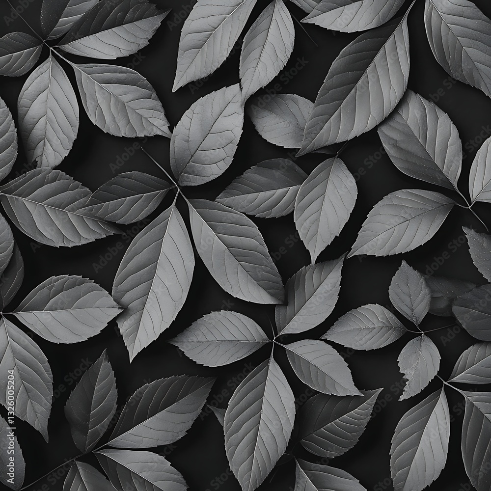 Poster a textured arrangement of various leaves, predominantly in shades of gray, creating a symmetrical an