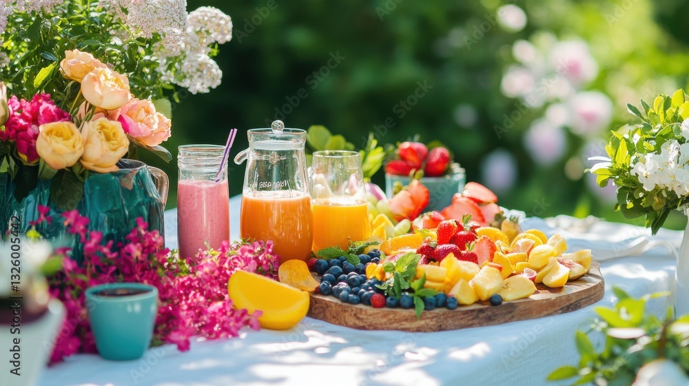Poster fresh spring breakfast table showcasing colorful detox drinks and vibrant fruits in a serene garden 