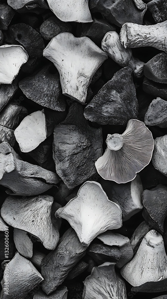 Poster a close-up view of various textured stones or shells in shades of black and white, creating an abstr