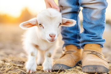 Obraz premium Peaceful nature connection: man in tree pose with playful cur and goat, outdoor serenity for mindfulness and relaxation