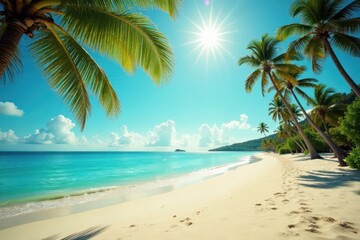 Obraz premium Sun-drenched beach, palm trees, vintage film grain , rays, ocean