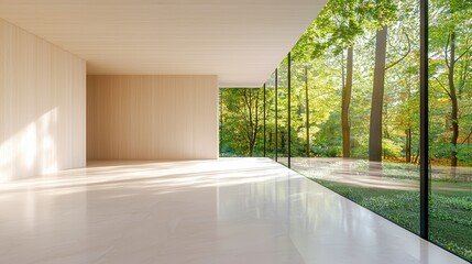 Fototapeta premium Modern Minimalist Beige Room Open plan minimalist room with beige walls, black accents, and large windows, emphasizing clean lines and natural light.