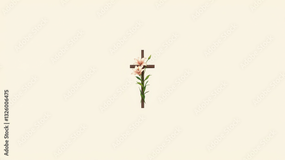 Poster a minimalist representation of a christian symbol featuring a cross with an accompanying flower.