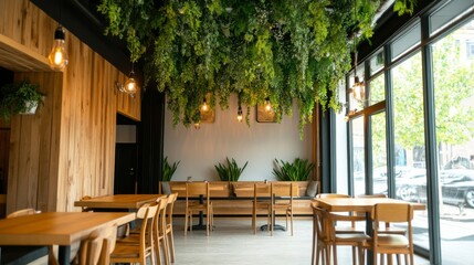 Obraz premium A loft cafe interior with a mix of industrial and vintage styles, warm ambiance, and creative design