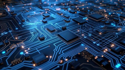 High-tech circuit board background with intricate electronic components, glowing microchips, and complex digital pathways, symbolizing modern electronics and technological evolution.