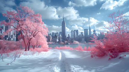 Serene winter landscape featuring pink trees and the iconic skyline of New York City under a blue sky