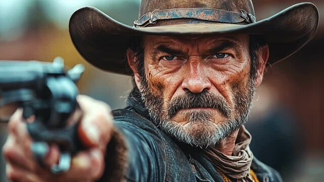 Intense rugged man aiming revolver, cowboy in western setting with fierce determination and focus.