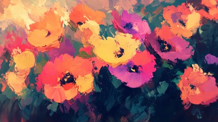 Vibrant oil painted floral artwork with bold colorful blooms on canvas