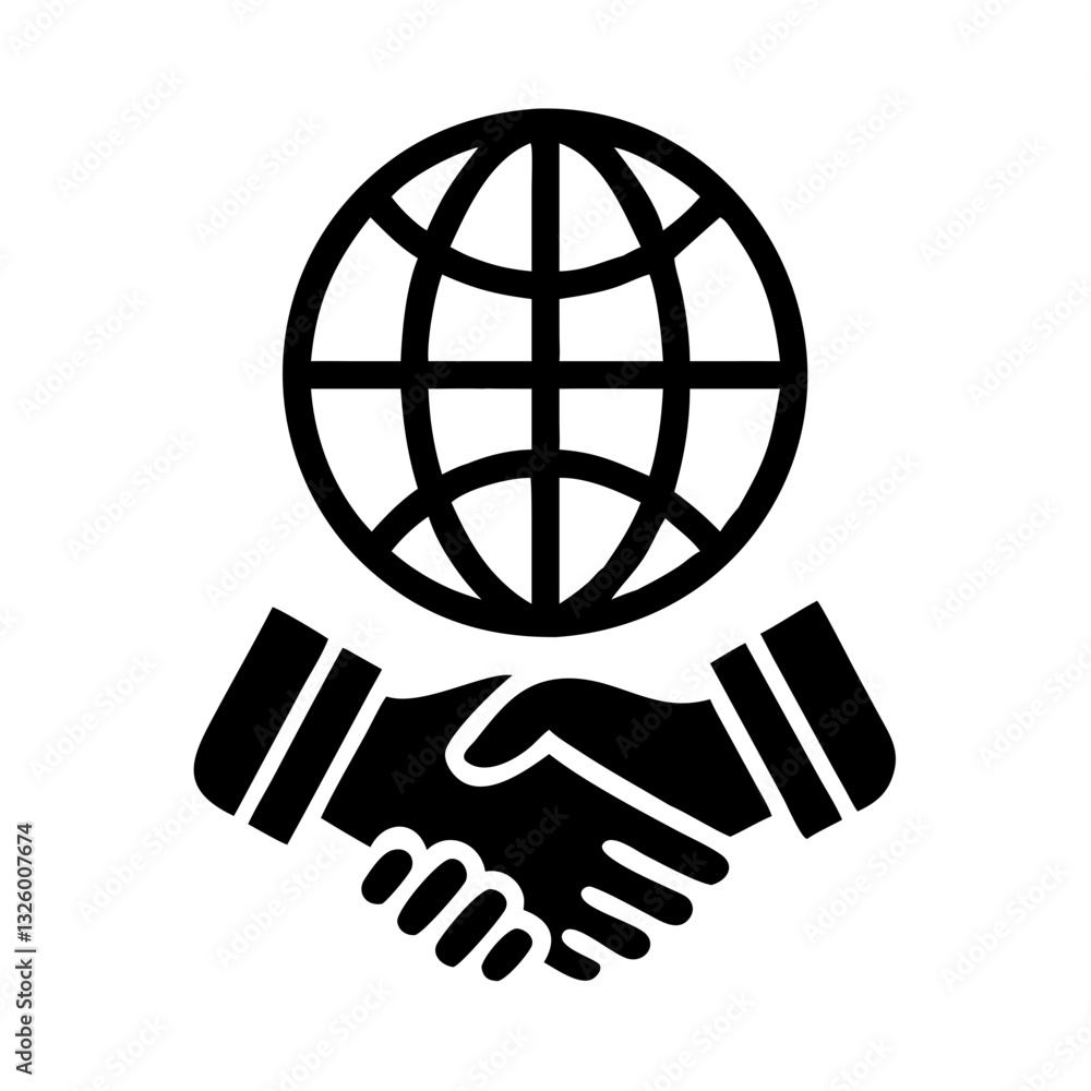 Poster handshake under globe symbolizing global unity