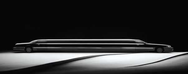 A long black luxury limousine presented against a dramatic black background