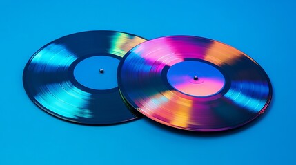 A vibrant close-up of two vinyl records with iridescent colors set against a bright blue background. A modern and artistic take on retro music and analog sound