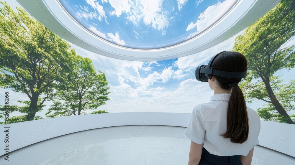 Poster a person experiences virtual reality, immersed in a digitally created landscape with trees and a blu