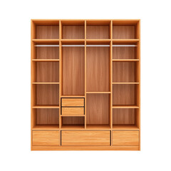 Empty wooden wardrobe with shelves, drawers, and hanging rod. Interior design and furniture concept.