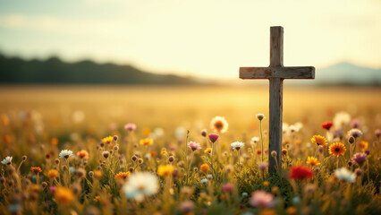 A cross standing in a field of wildflowers at sunset, symbolizing hope and faith.