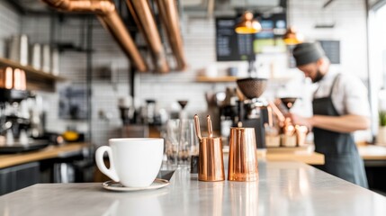 Industrial cafe counter with a row of barstools, chalkboard menu, and a barista making espresso