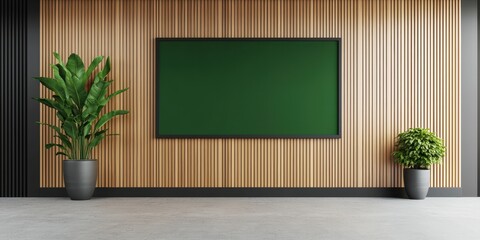 A modern interior featuring a green board against wooden paneling, complemented by potted plants, creating a stylish and inviting atmosphere.