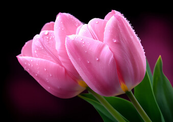 Fototapeta premium a bunch of pink tulips with green leaves, dewdrops on the petals,