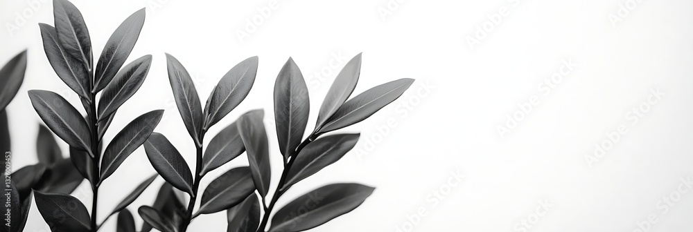 Poster a monochromatic image featuring elegant leaves against a minimalist white backdrop, creating a seren