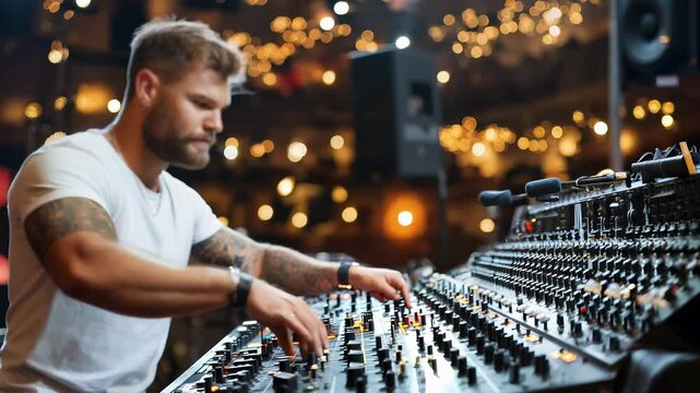 A skilled sound engineer fine-tunes the audio equipment, creating an unforgettable atmosphere in a beautifully lit venue. The excitement builds as the crowd anticipates the show.