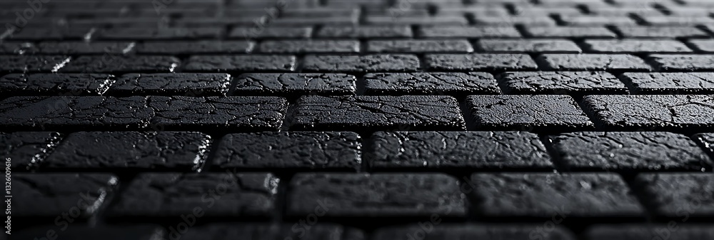 Poster a close-up view of wet, dark cobblestones, showcasing their texture and pattern in low light.